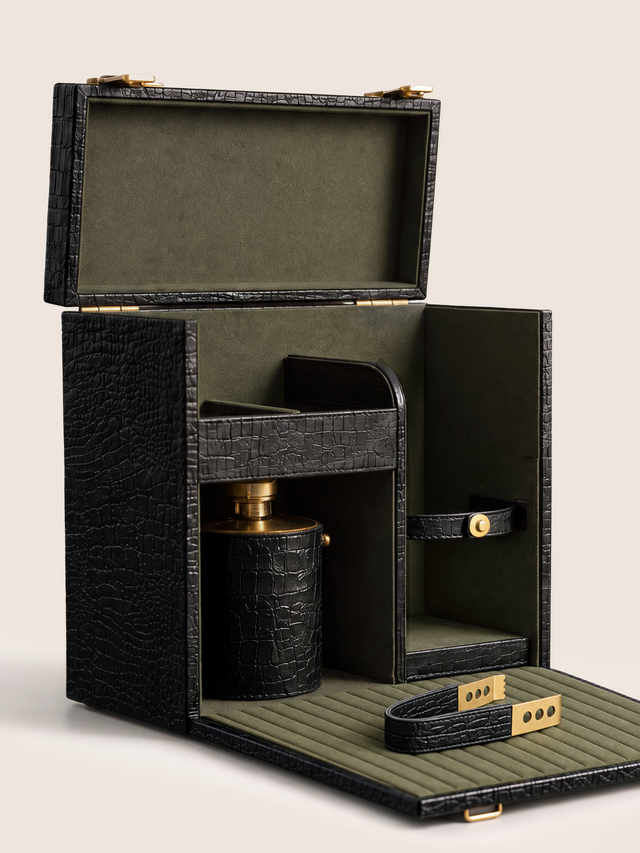 Eva Croco Print Leather Mini Portable Bar - Black