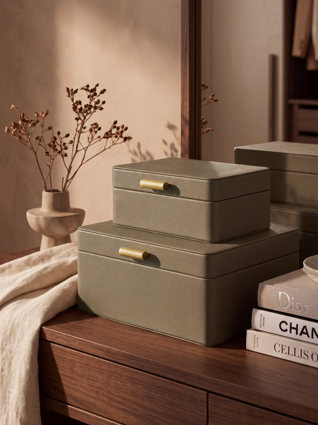 Veron Shagreen Leather Decorative Boxes, Set of 2 - Taupe