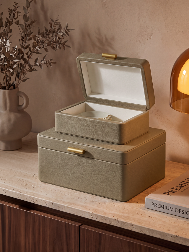 Veron Shagreen Leather Decorative Boxes, Set of 2 - Taupe