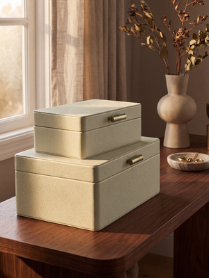 Veron Shagreen Leather Decorative Boxes, Set of 2 - Cream