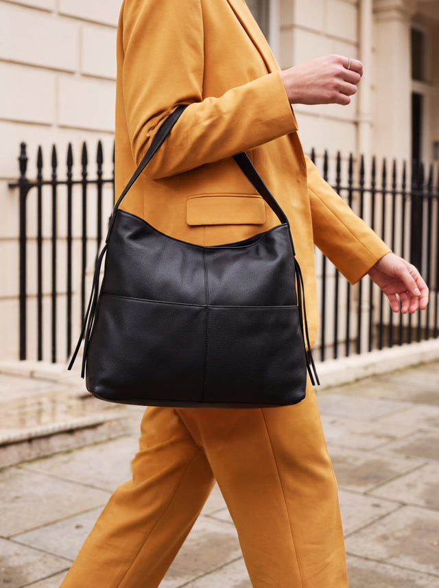 Kira Leather Hobo Tote Bag - Black