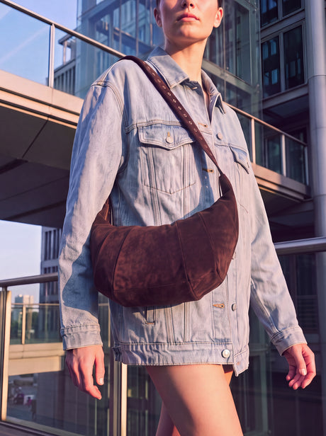 Ora Suede Leather Crescent Crossbody Bag - Brown