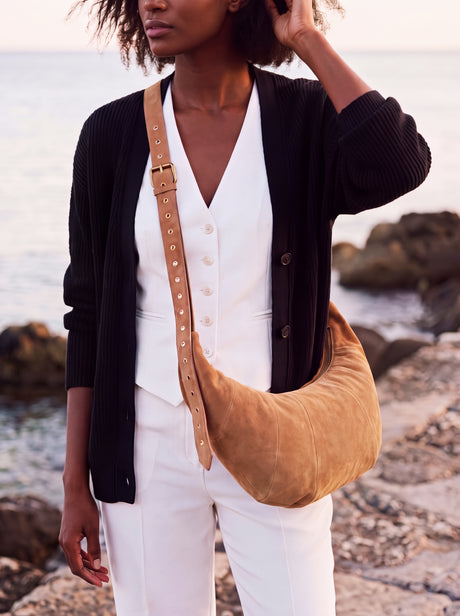 Ora Suede Leather Crescent Crossbody Bag - Tan
