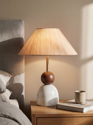 Olivia Raw Silk Lampshade with Mango Wood & Marble Dome Base