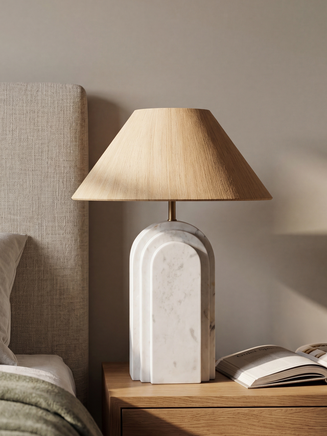 Olivia Raw Silk Lampshade with Geometric Marble Base