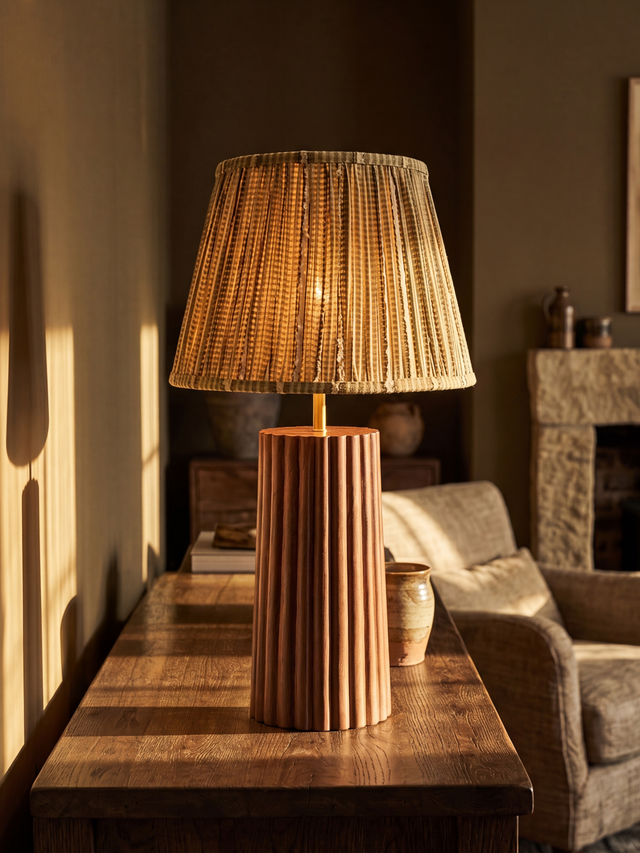 Vadim Silk Striped Lampshade with Fluted Mango Wood Base