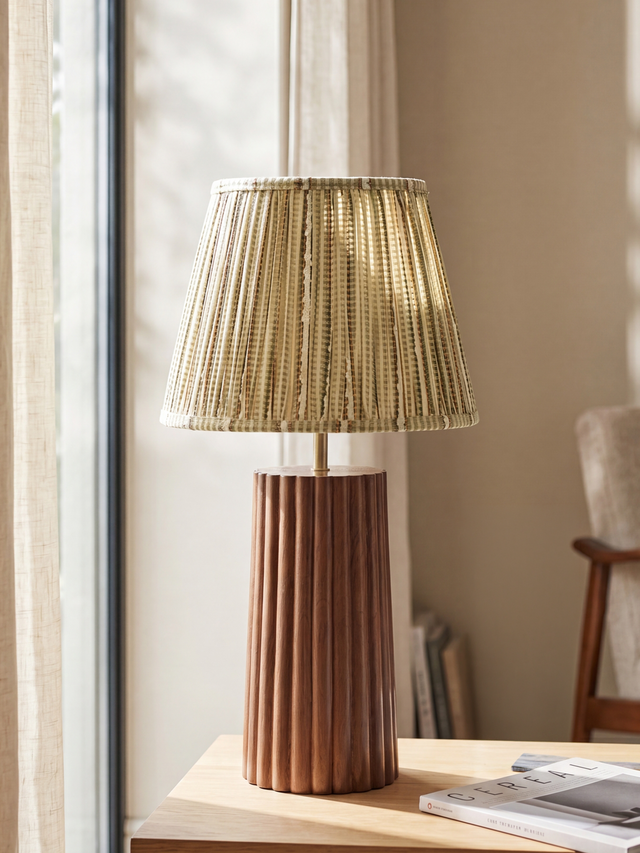 Vadim Silk Striped Lampshade with Fluted Mango Wood Base