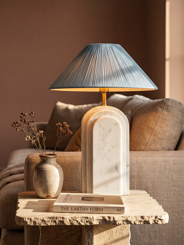 Luisa Raffia Lampshade with Geometric Marble Base