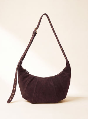 Ora Suede Leather Crescent Crossbody Bag - Brown