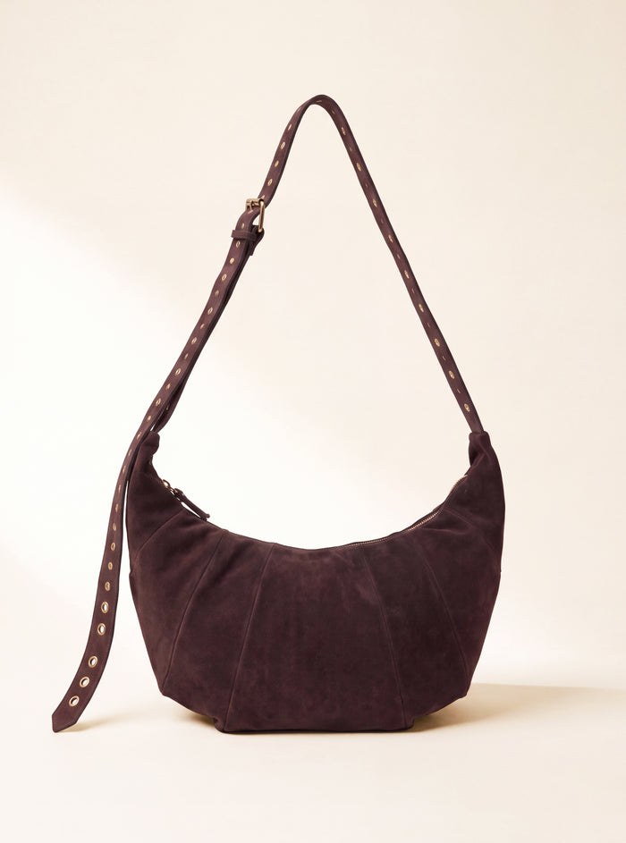 Ora Suede Leather Crescent Crossbody Bag - Brown