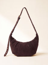 Ora Suede Leather Crescent Crossbody Bag - Brown