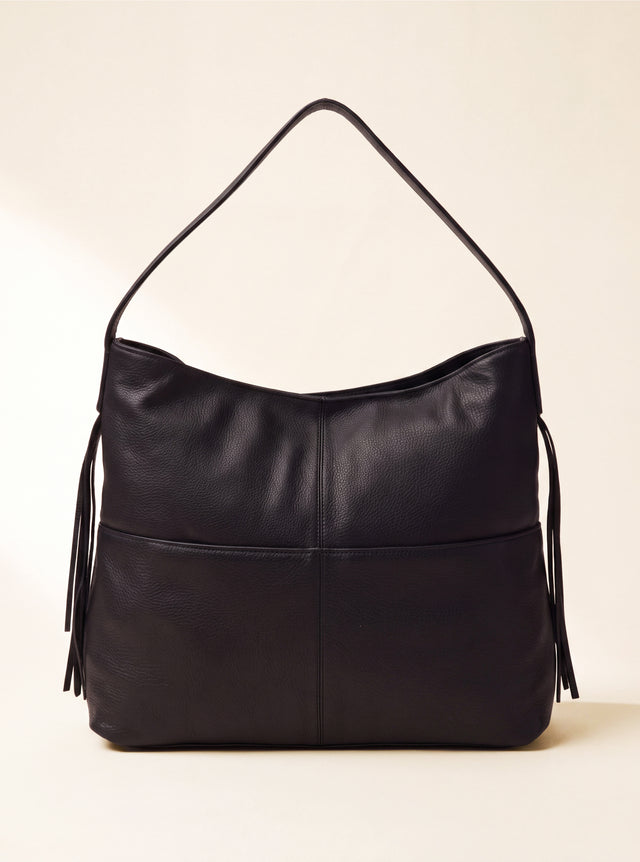 Kira Leather Hobo Tote Bag - Black