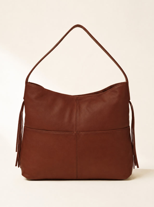 Kira Leather Hobo Tote Bag - Cognac