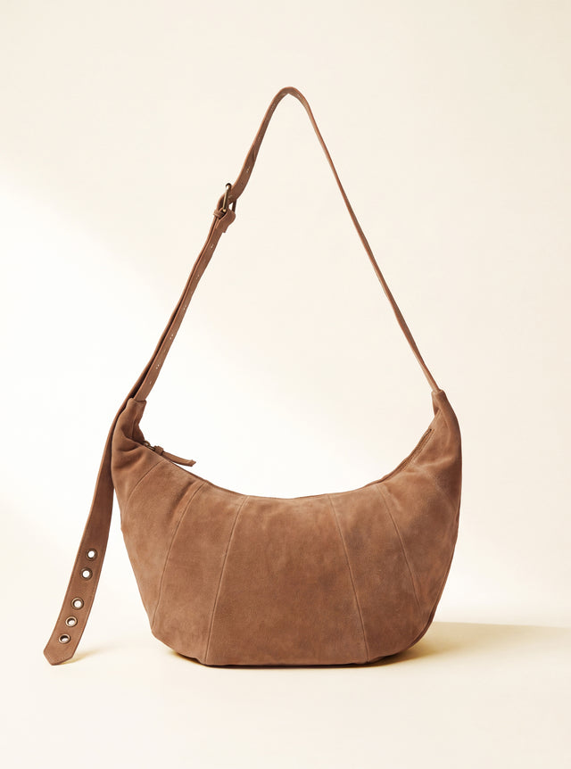 Ora Suede Leather Crescent Crossbody Bag - Tan