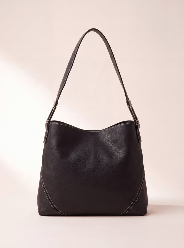 Zoey Leather Hobo Tote Bag - Black