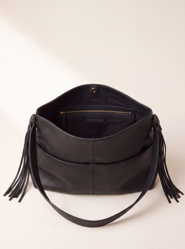 Kira Leather Hobo Tote Bag - Black