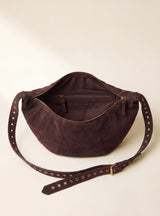 Ora Suede Leather Crescent Crossbody Bag - Brown