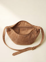 Ora Suede Leather Crescent Crossbody Bag - Tan