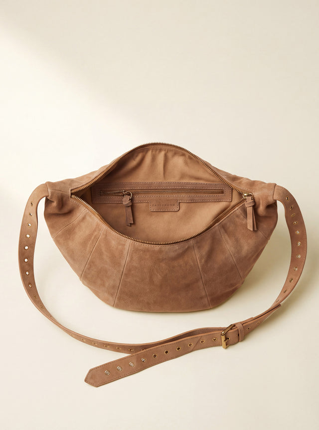 Ora Suede Leather Crescent Crossbody Bag - Tan