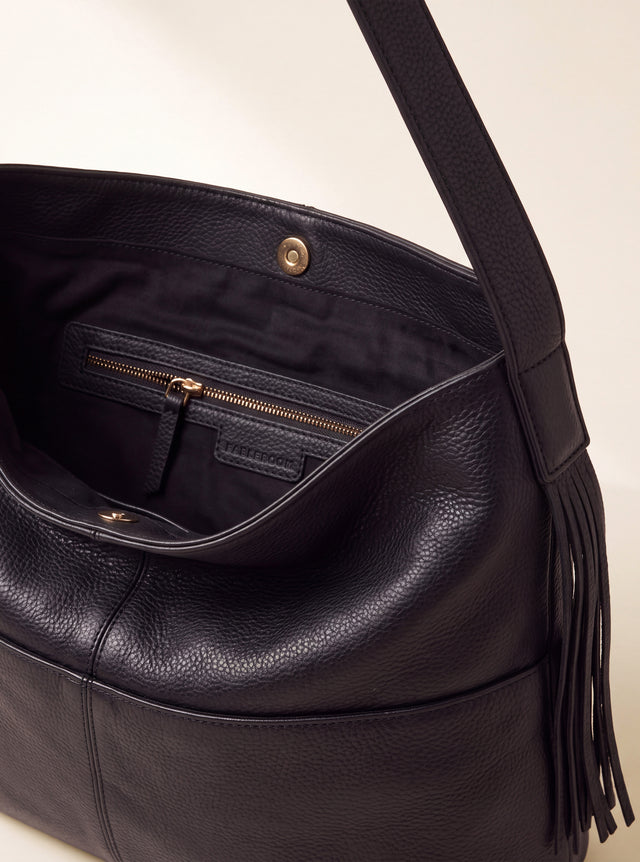 Kira Leather Hobo Tote Bag - Black