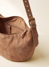 Ora Suede Leather Crescent Crossbody Bag - Tan