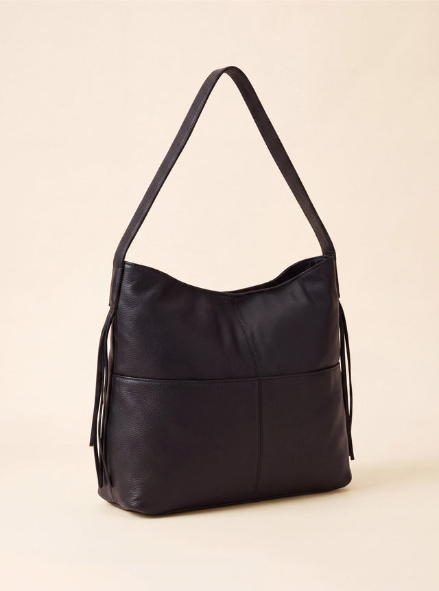 Kira Leather Hobo Tote Bag - Black
