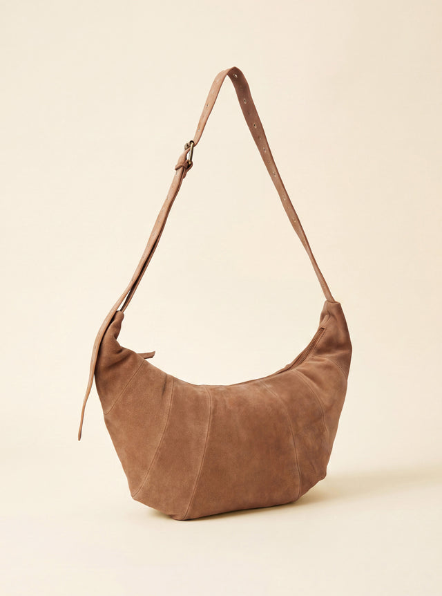 Ora Suede Leather Crescent Crossbody Bag - Tan