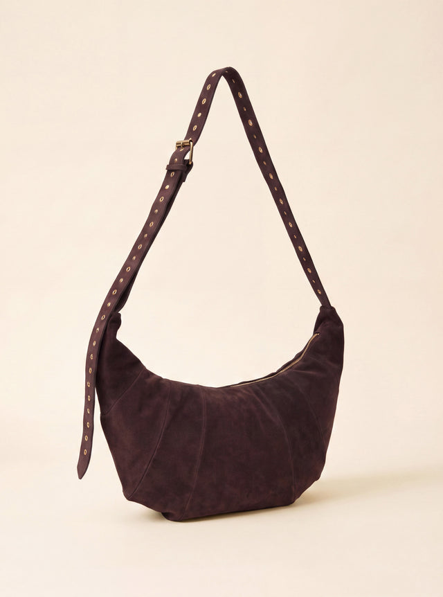 Ora Suede Leather Crescent Crossbody Bag - Brown