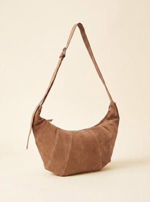 Ora Suede Leather Crescent Crossbody Bag - Tan