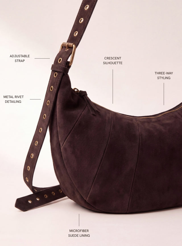 Ora Suede Leather Crescent Crossbody Bag - Brown