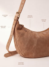 Ora Suede Leather Crescent Crossbody Bag - Tan
