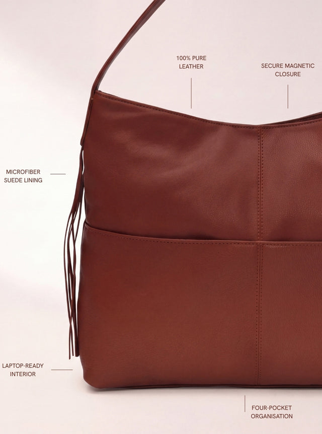 Kira Leather Hobo Tote Bag - Cognac