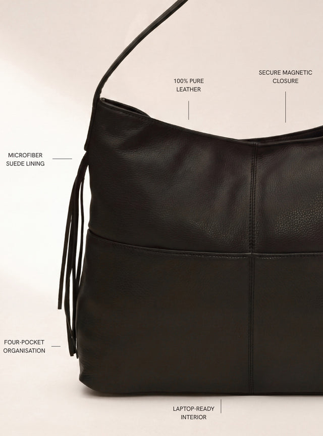 Kira Leather Hobo Tote Bag - Black