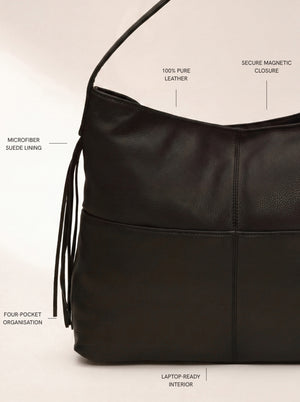 Kira Leather Hobo Tote Bag - Black