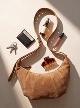 Ora Suede Leather Crescent Crossbody Bag - Tan