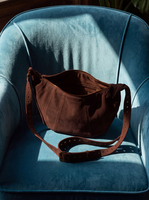 Ora Suede Leather Crescent Crossbody Bag - Brown