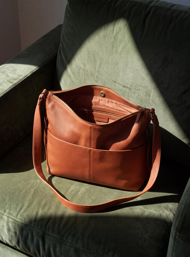 Kira Leather Hobo Tote Bag - Cognac