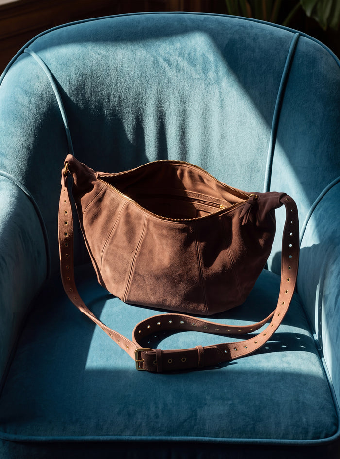 Ora Suede Leather Crescent Crossbody Bag - Brown