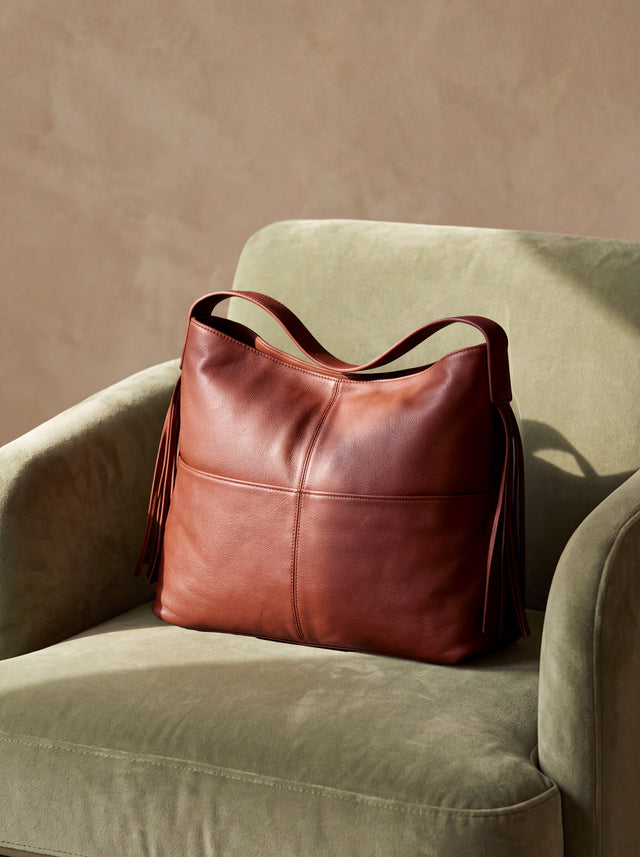 Kira Leather Hobo Tote Bag - Cognac
