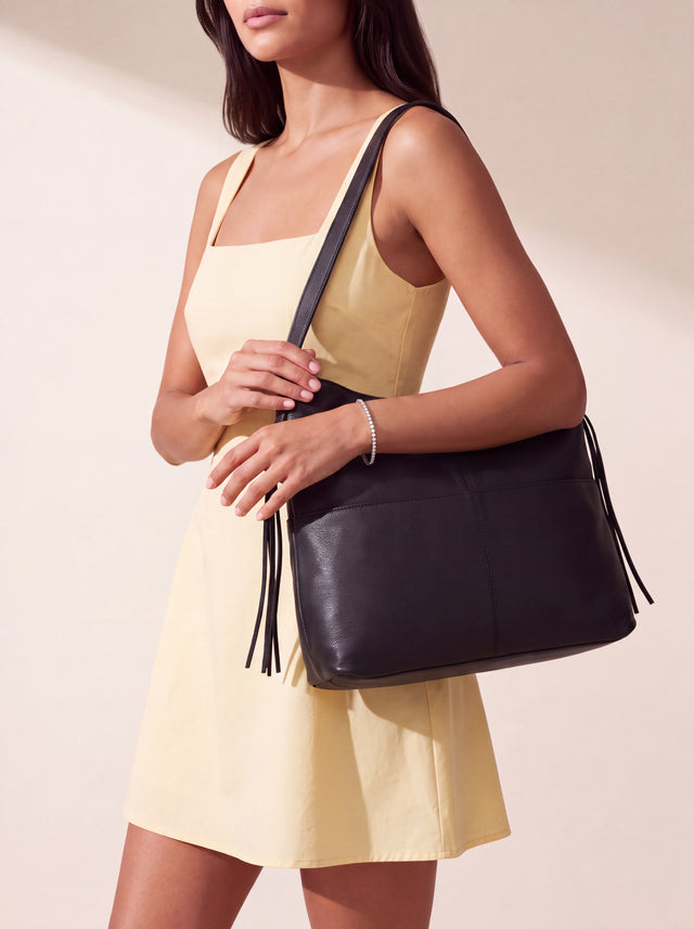 Kira Leather Hobo Tote Bag - Black
