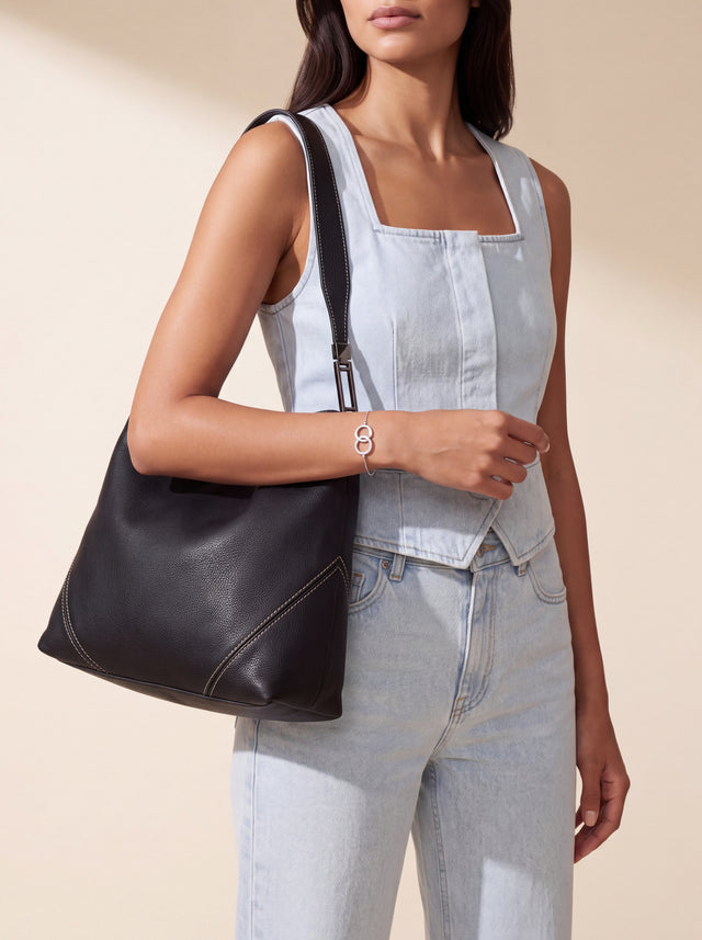Zoey Leather Hobo Tote Bag - Black