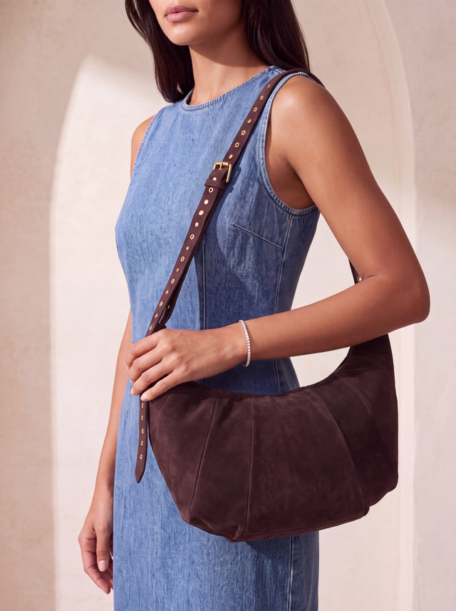 Ora Suede Leather Crescent Crossbody Bag - Brown
