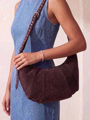 Ora Suede Leather Crescent Crossbody Bag - Brown