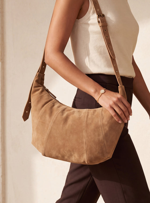 Ora Suede Leather Crescent Crossbody Bag - Tan