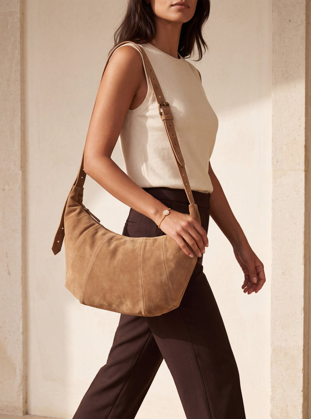 Ora Suede Leather Crescent Crossbody Bag - Tan