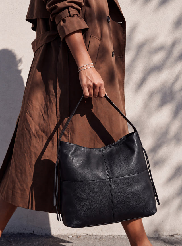 Kira Leather Hobo Tote Bag - Black