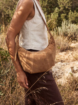 Ora Suede Leather Crescent Crossbody Bag - Tan