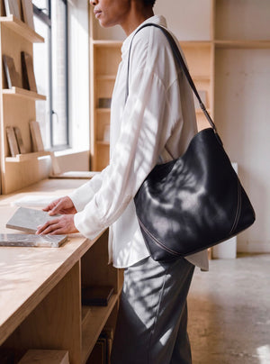 Zoey Leather Hobo Tote Bag - Black