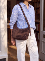 Ora Suede Leather Crescent Crossbody Bag - Brown