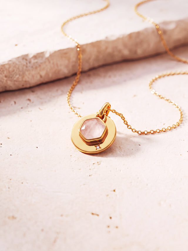 Zeno Rose Quartz Hexagon Charm Pendant - 18k Gold Vermeil
